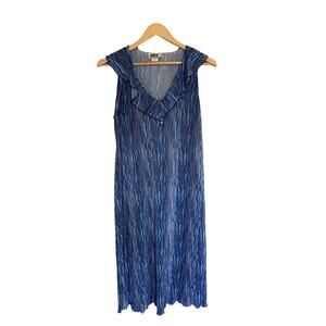 Vintage Gate USA Blue Textured Sleeveless Midi Dress Ruffle Neckline Size Large